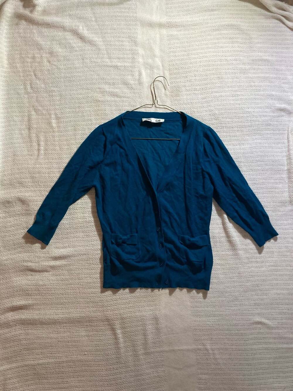 Annabella Teal Blue Button-Down Cardigan with Bow Pockets